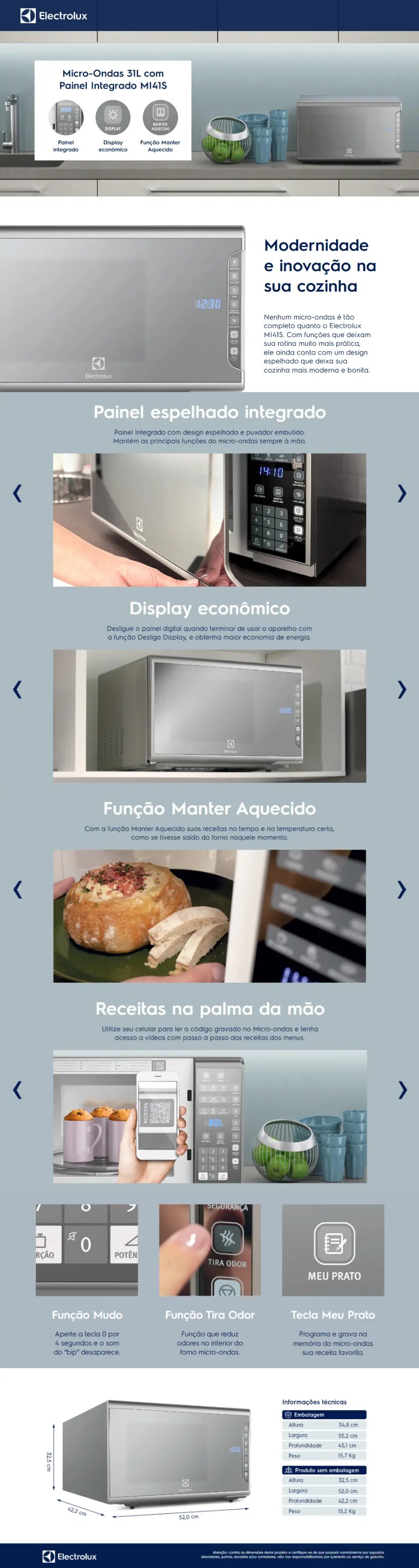 Detalhes do micro-ondas: painel espelhado integrado, display econômico, função manter aquecido, receitas por QR Code, funções Mudo, Tira Odor e Meu Prato, e informações técnicas